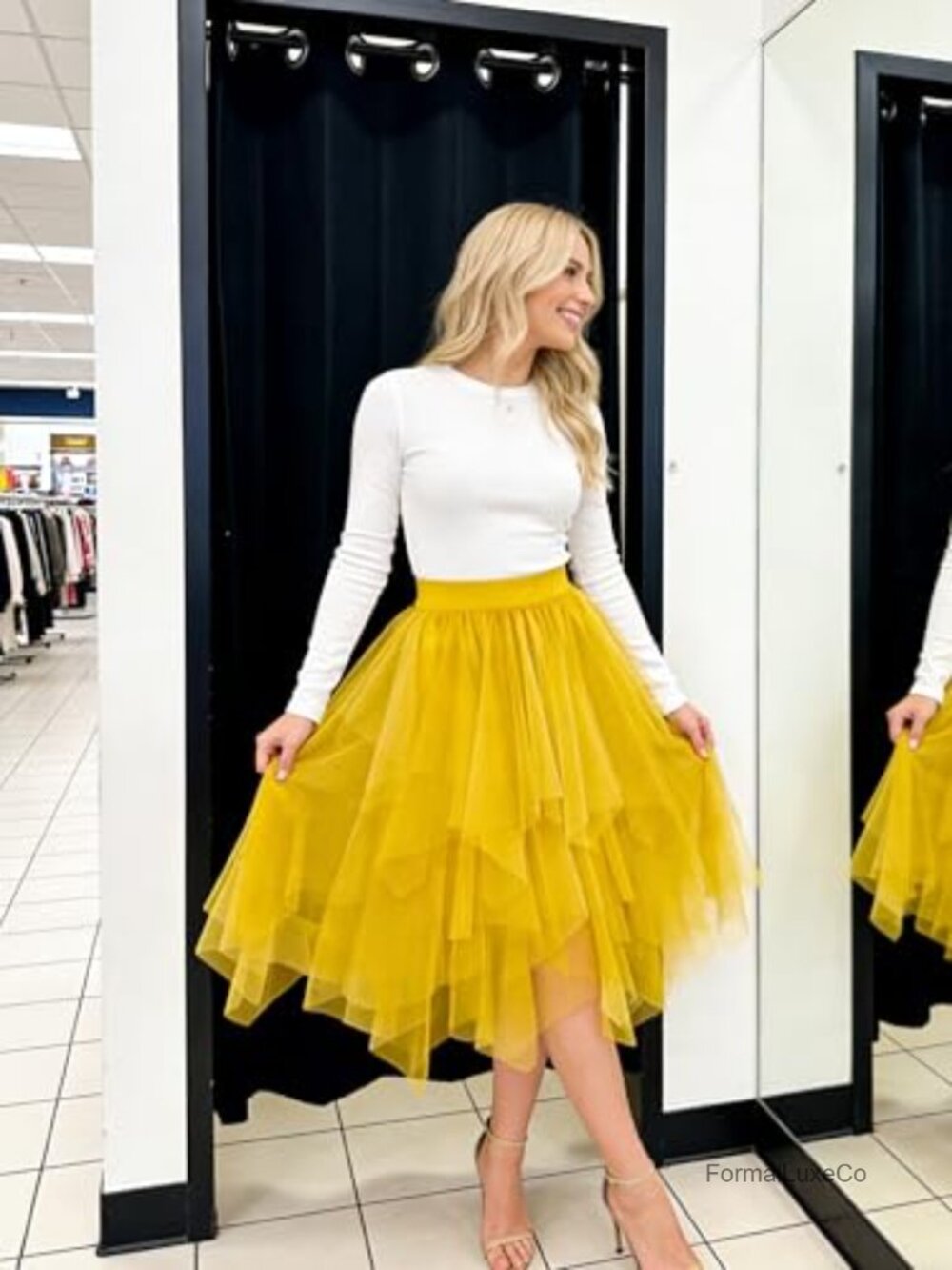 High Waist Elastic Midi Tutu Skirt A-Line Irregular Layered Mesh Tulle Skirt - Picture 3 of 7